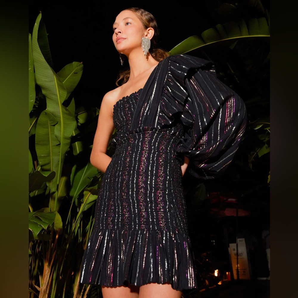 Farm Rio Lurex Stripes Mini Dress size L metallic thread festive